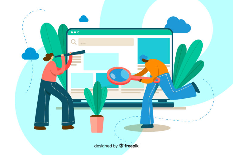 People analyzing a website search page using a telescope and magnifying glass to improve search visibility