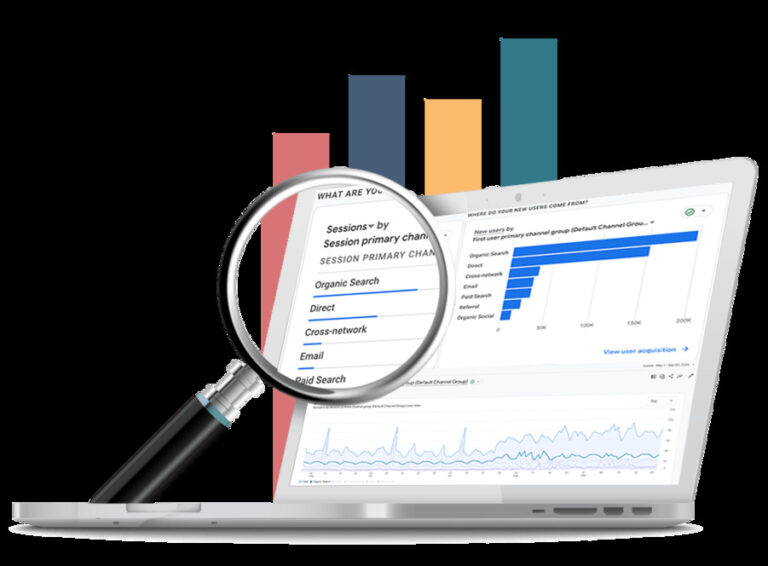 Magnifying glass highlighting website traffic and acquisition data on an analytics dashboard