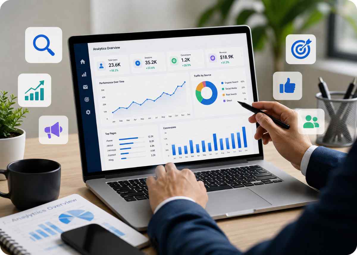 Certified digital marketer analyzing website performance, SEO metrics, and digital marketing campaign results on a laptop dashboard