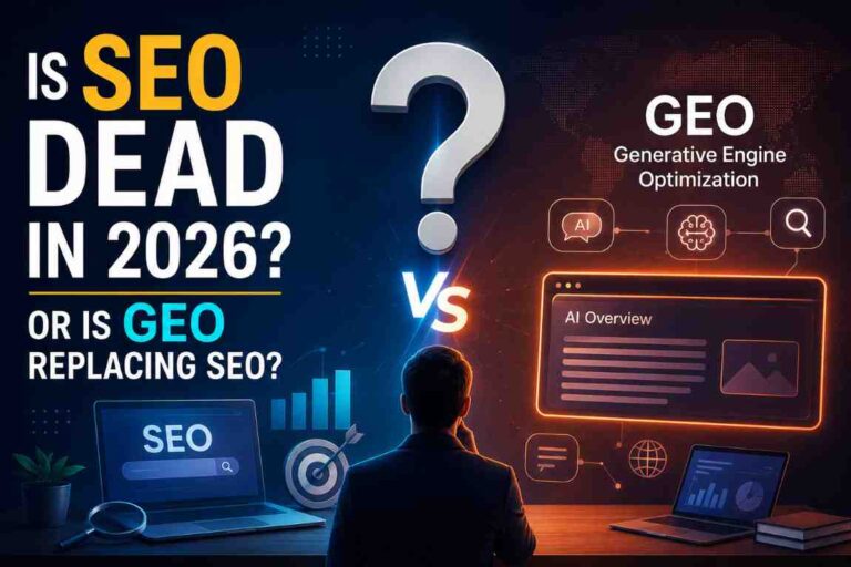 Is SEO dead in 2026 or is GEO replacing SEO illustration showing traditional search optimization versus AI-powered generative engine optimization