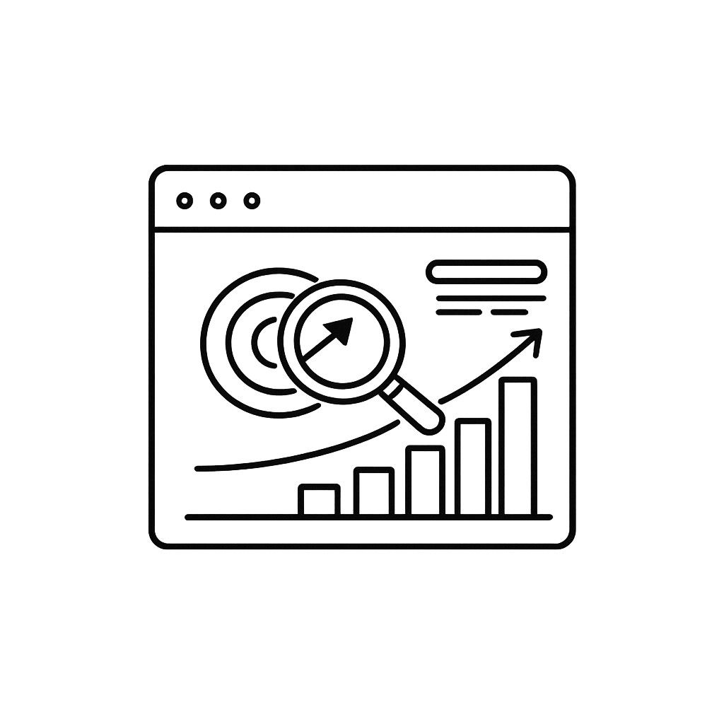 SEO and Performance Marketing icon representing search engine optimization, website growth, keyword analysis, and campaign performance tracking