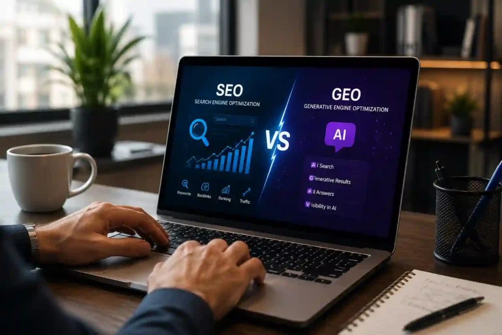 Is SEO Dead in 2026? SEO vs GEO comparison illustrating AI-powered search and traditional search engine optimization.